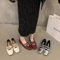 Double Bowknot Women Mary Jane Shoes New Spring Summer Square Toe Dress Flat Shoe Ladies Red Soft Sole Laofers Shoe Zapatos