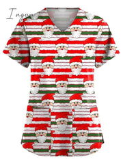Ingvn - Christmas Scrub Tops Women Christmas Printing Short Sleeve V-Neck Working Uniform with Pocket Pullover Red 3X-Large