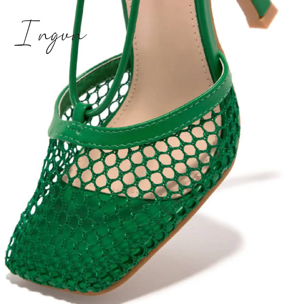 Ingvn - Fishnet Squared Toe Lace Up Heels
