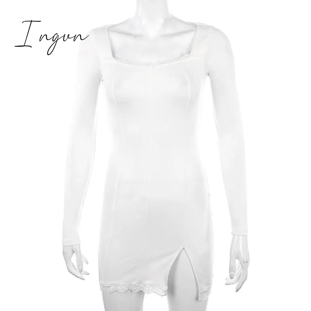 Ingvn - Women Winter Dress Women New Arrivals Sexy Long Sleeve Lace Split Black White Solid Party Dresses Vestidos
