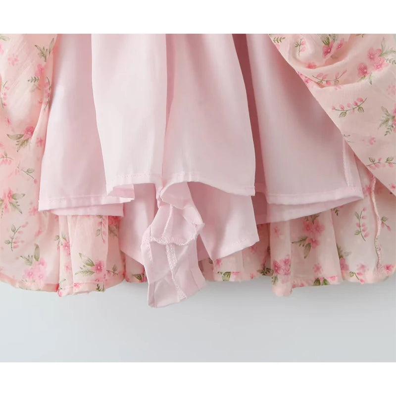 Sweet Women Pink Floral Print Mini Dress Sexy Off Shoulder Short Sleeve Elastic Waist Holiday Party Dress Summer Robe