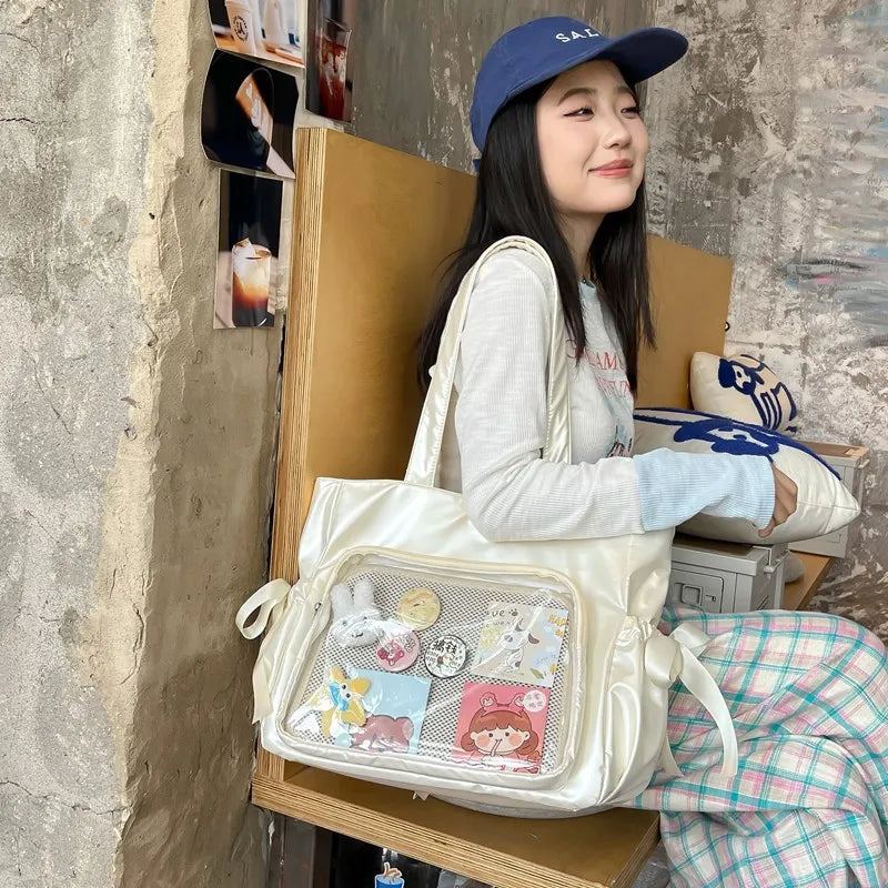 Ingvn  Sweet Ribbon Satin Bow Tote Bag Ballet Style Original Comic Handbag Beautiful Double Large Capacity Student Shoulder Bag