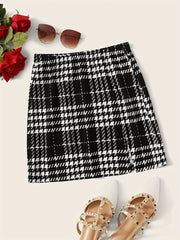 Stylish Plaid Mini Skirt - Women's Elegant Split A-Line Skirt for Work or Casual Occasions - Comfortable, Flattering, and Versatile Clothing for Ladies