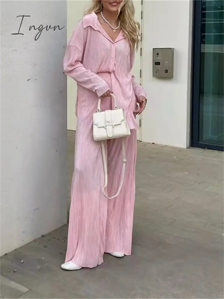 Ingvn - Women Pleated 2 Piece Pants Sets Spring Summer Streetwear Long Sleeve Button Down Shirt+Straight-Leg Pants Loose Outfits