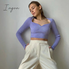 Ingvn - Fashion Trends European and American Fashion Autumn New Women's Solid Color Long-sleeved Slim Top Feminine Peach Heart V-neck Woolen Sweater