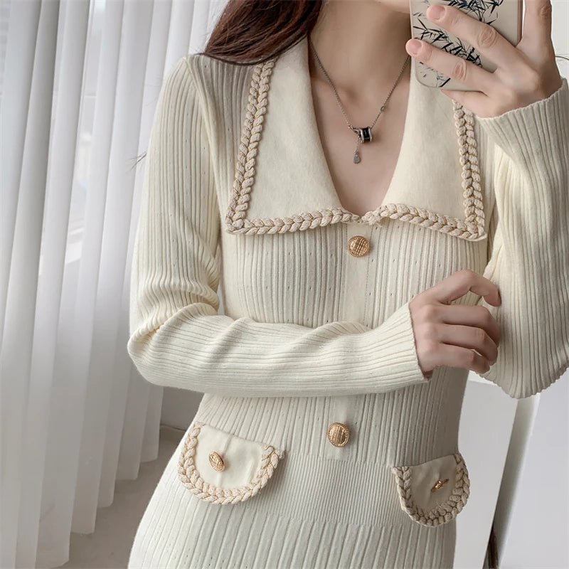Autumn Elegant Knitted Dress for Women Fashion Single Breasted Slim A Line High Waist One Piece Female Korean Clothes Winter New