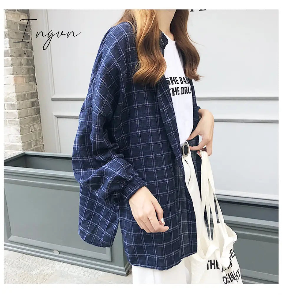 Ingvn - New Woman Vent Vintage Plaid Shirt Single Breasted Turn down Collar Cotton Long Sleeve Button Feminina Sales T8D512Z