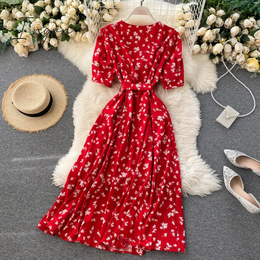 Ingvn - beach Red elegant sexy Dress women Summer Autumn V-neck polka dot midi dress waist split dress vestidos de fiesta clothes