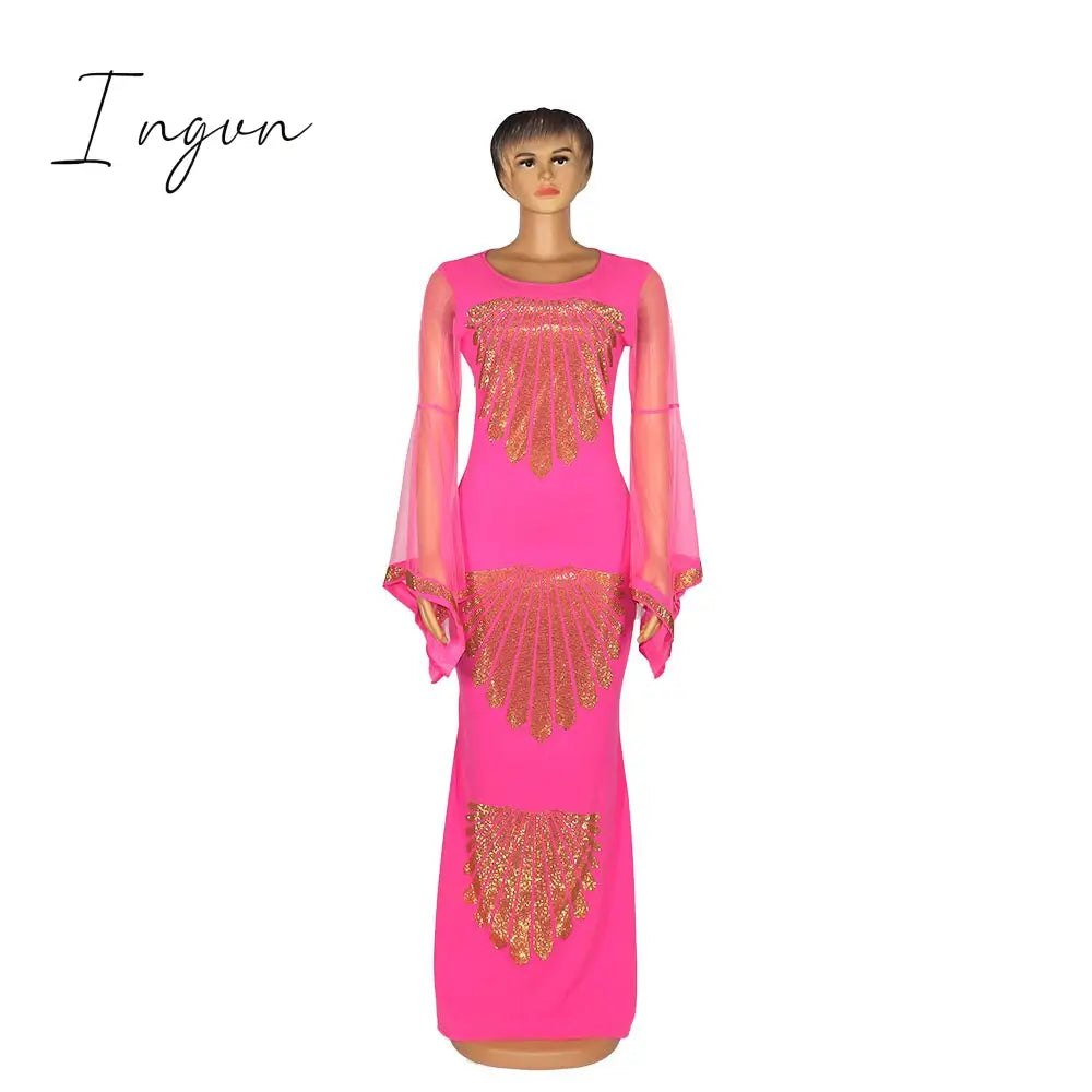 Ingvn - African mom dress fashion gauze horn sleeve hot diamond hip-covered fish tail large size stretch dress