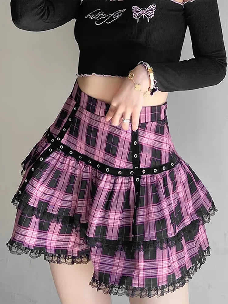 Mall Goth Gothic Lace Ruffle Mini Skirts Womens Harajuku Fairy Grunge Pink Plaid Pleated Skirt Japanese Lolita Streetwear