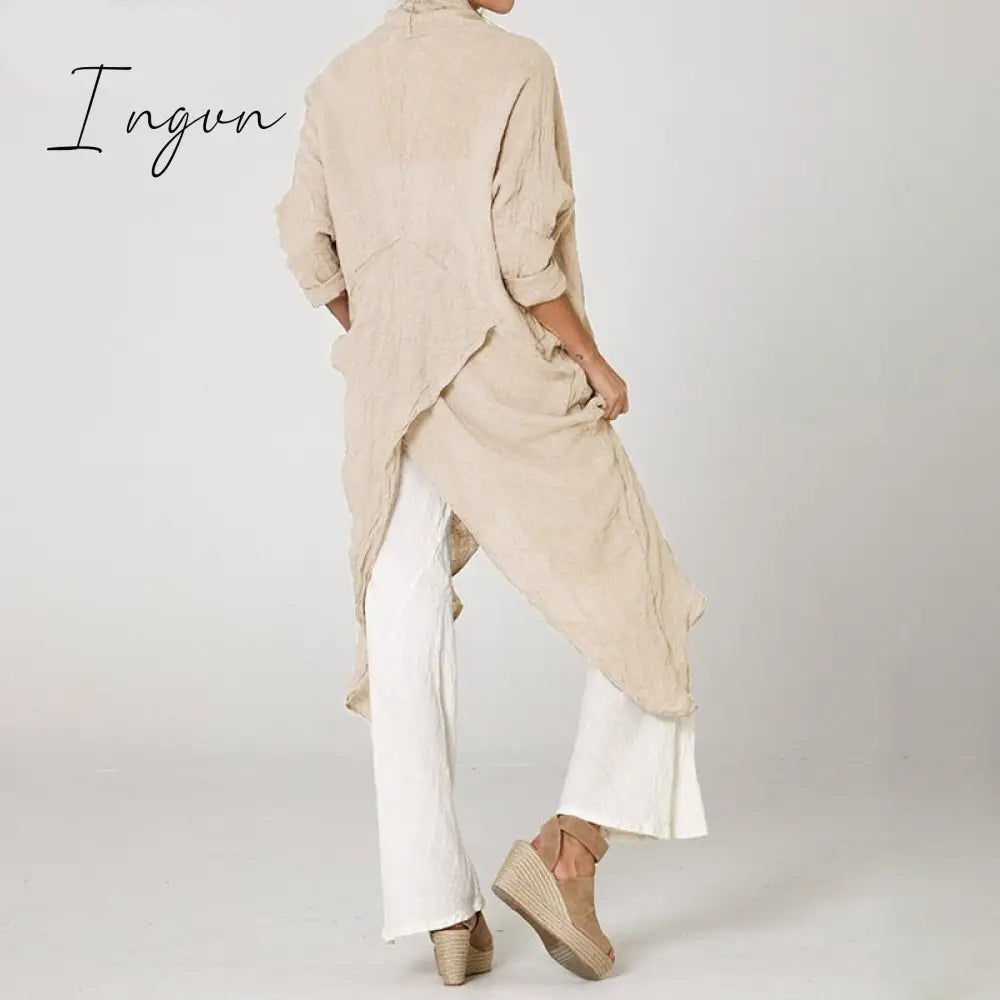 Ingvn - Women Tops Vintage Solid Blouses Summer Fashion Long Shirts Casual Cowl Neck Long Sleeve Asymmetrical Party Blusas