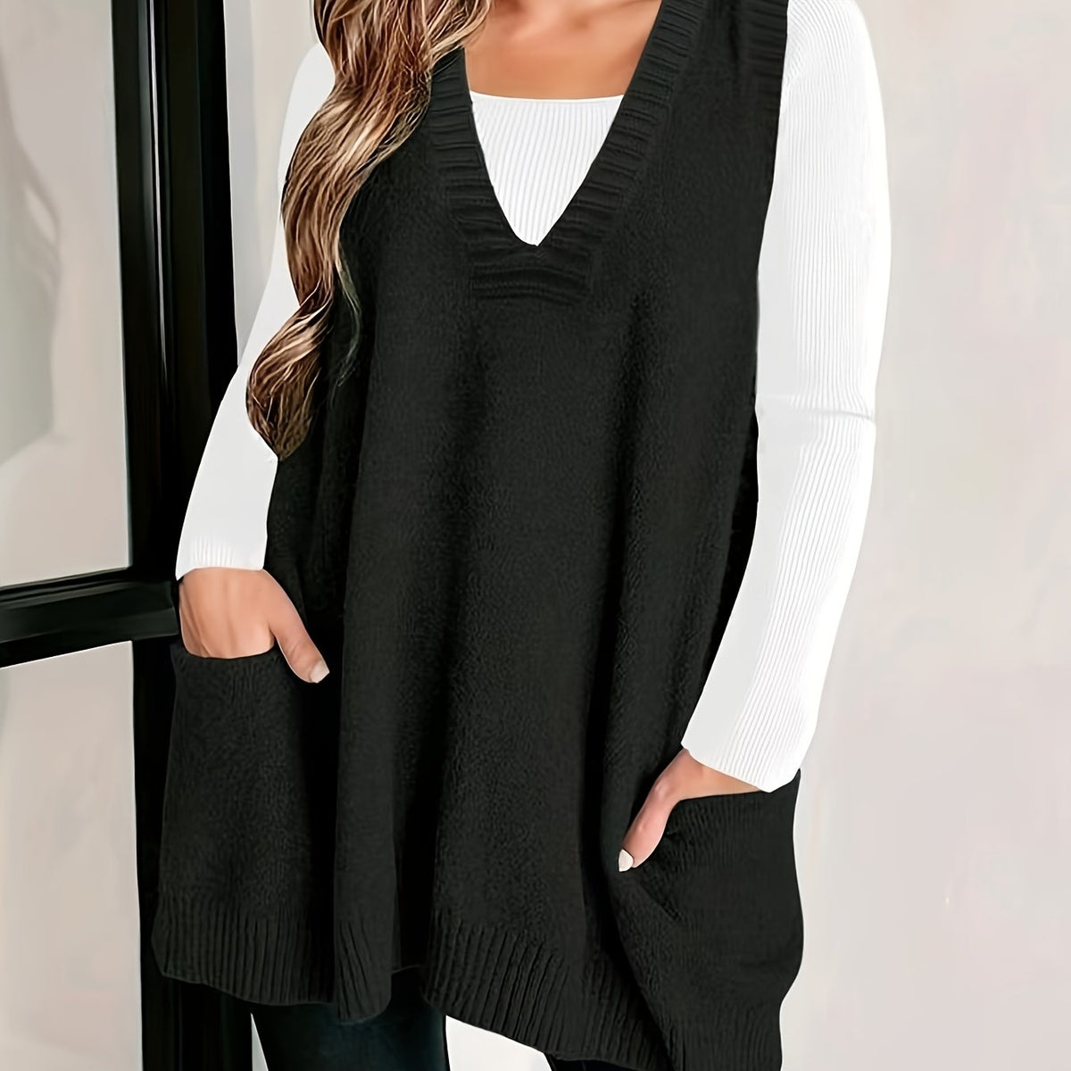 2024 Spring/Fall New Arrival V-Neck Knitted Vest with Pockets, Casual Large Size Pullover Cardigan, Solid Color, Polyester, No Bra Pad, for Casual Outings