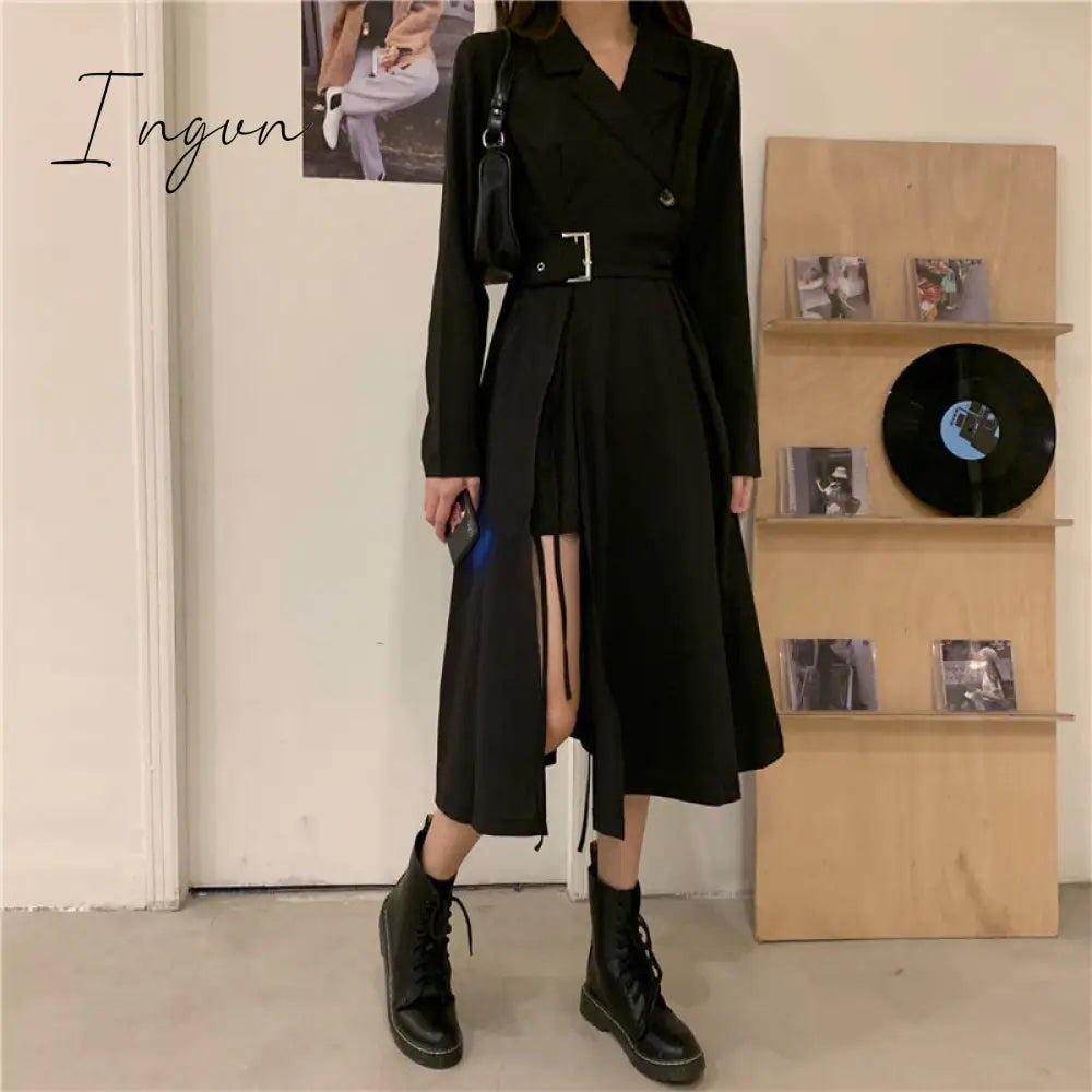 Ingvn - Long Sleeve Dresses Women Bandage Punk Streetwear Hipster Vestidos Mujer Elegant Popular Side Slit A-Line Charm Vintage Ulzzang