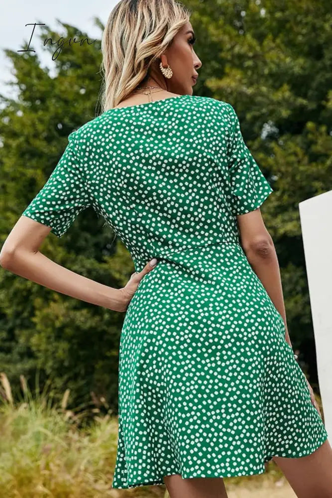 Ingvn - Printed Front Tie Regular Sleeve V-Neck Dress