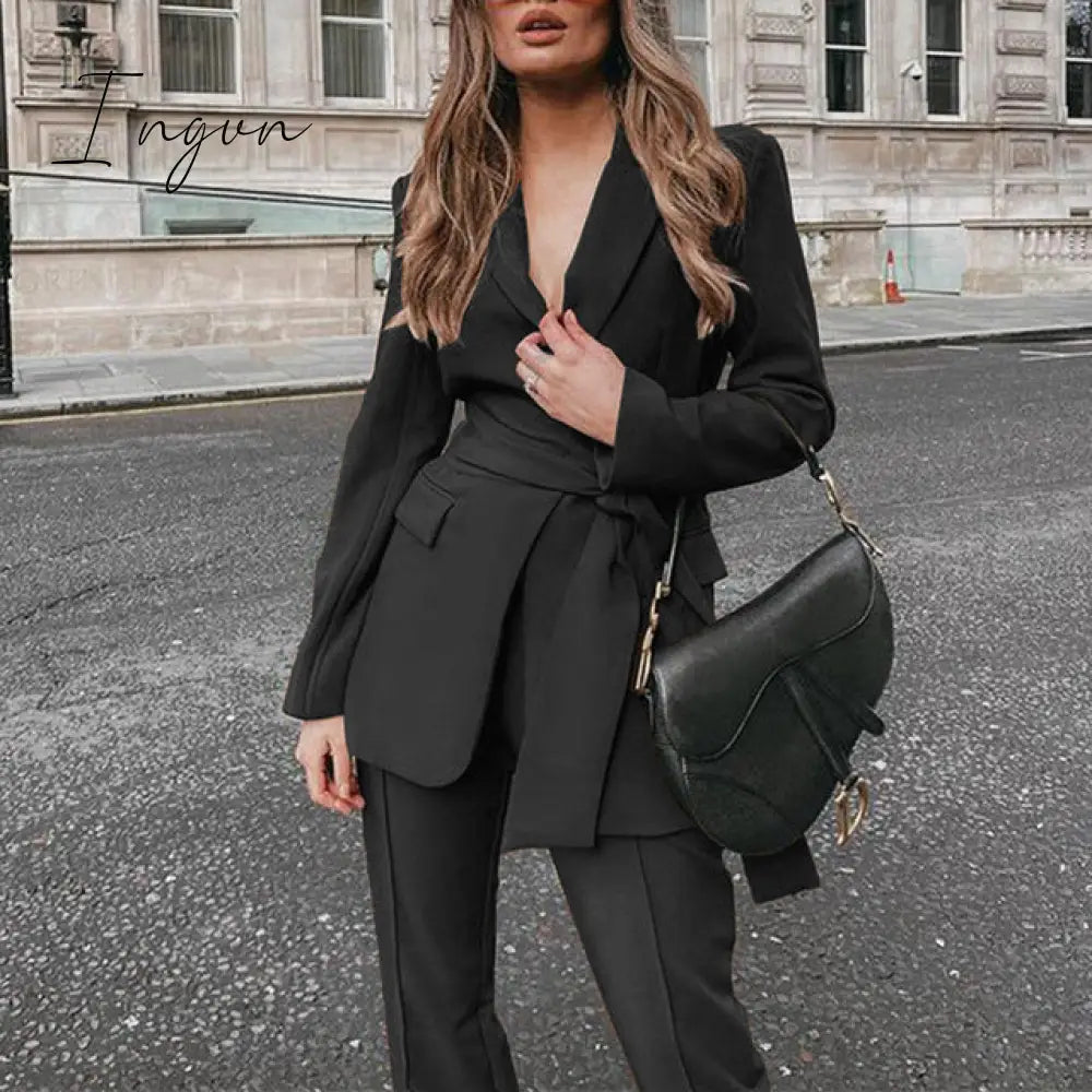 Ingvn - New Women's Blazer Pantsuit Office Ladies Solid Casual Business Two Piece Sets Female Fashion Trousers Suit Clothing