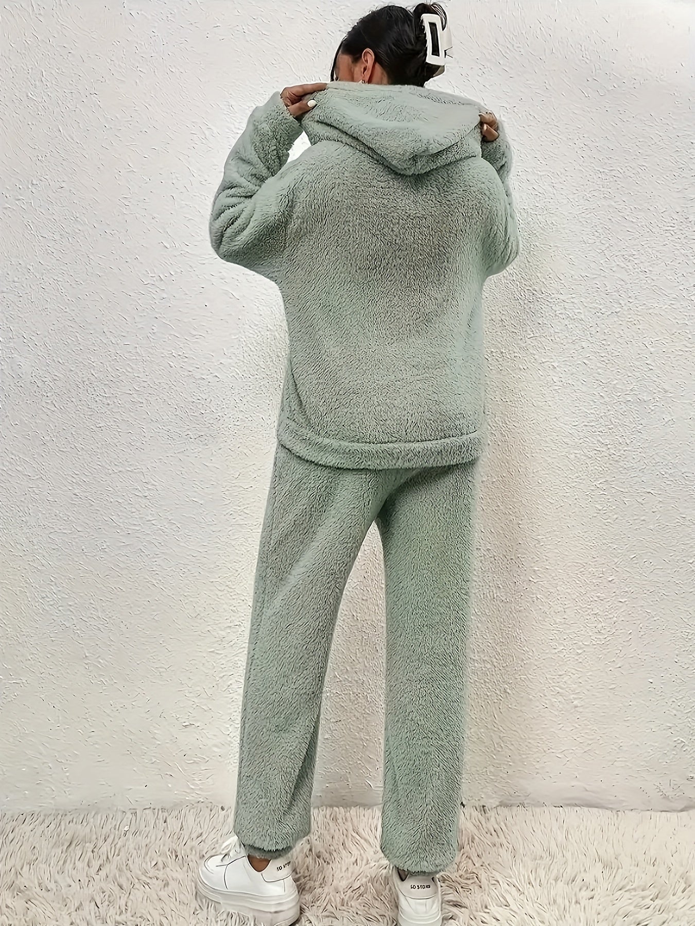 Solid Teddy Two-piece Set, Long Sleeve Kangaroo Pocket Hooded Tops & Long Length Warm Pants Outfits, Women's Clothing