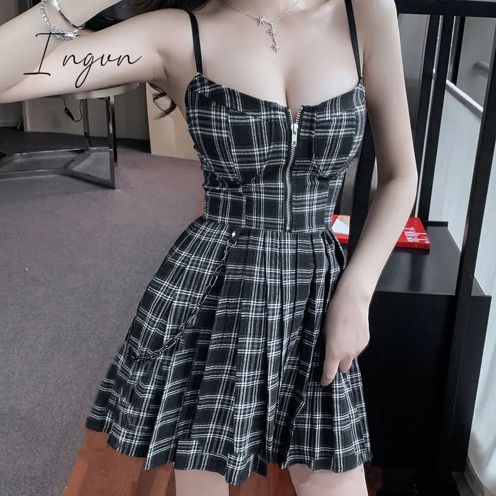 Ingvn - Gothic Girls Plaid Pleated Punk Dress Preppy Style Red Black Spaghetti Strap Sexy Sleeveless Mini Short Dresses Goth Streetwear