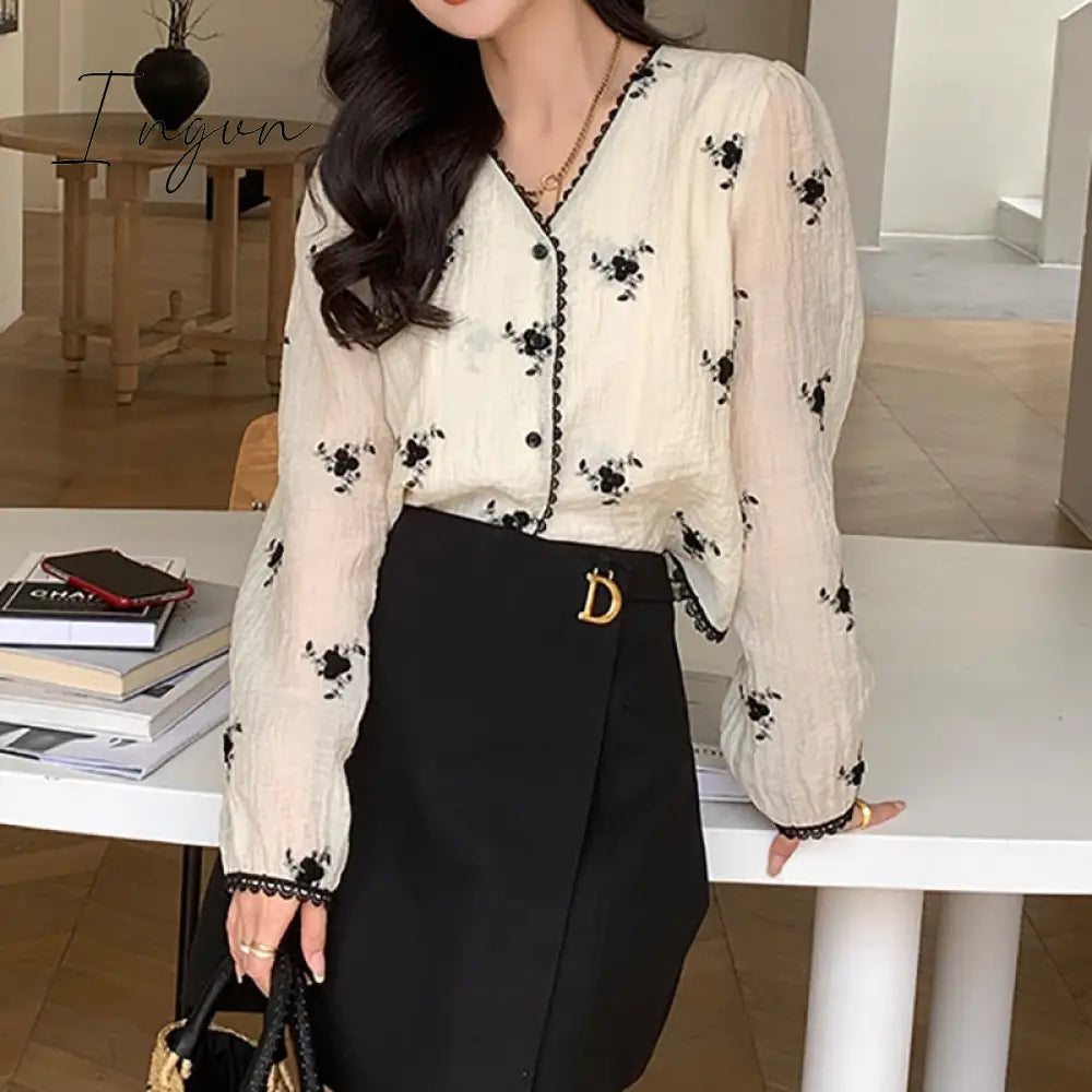 Ingvn - Printed Shirt for Women Spring 2023 New Long Sleeve V Neck Vintage Elegant Blouse Fashion Casual Button Up Y2k Top