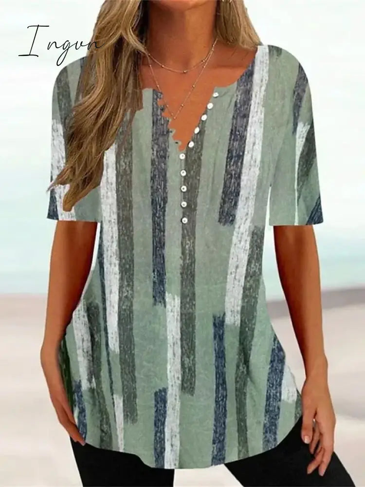 Ingvn - Women's T shirt Tee Grass Green Light Green Red Floral Button Print Short Sleeve Holiday Weekend Tunic Basic Round Neck Regular Floral Painting S