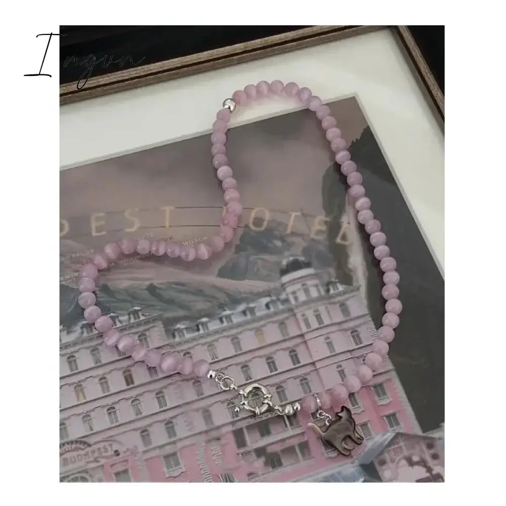 New Pink Crystal Opal Beaded Cat Pendant Necklace for Women Sweet Cool Cute Aesthetics Clavicle Chain Trendy Jewelry Gift