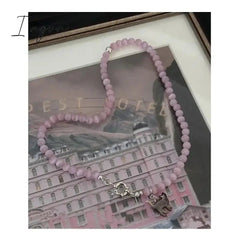 New Pink Crystal Opal Beaded Cat Pendant Necklace for Women Sweet Cool Cute Aesthetics Clavicle Chain Trendy Jewelry Gift