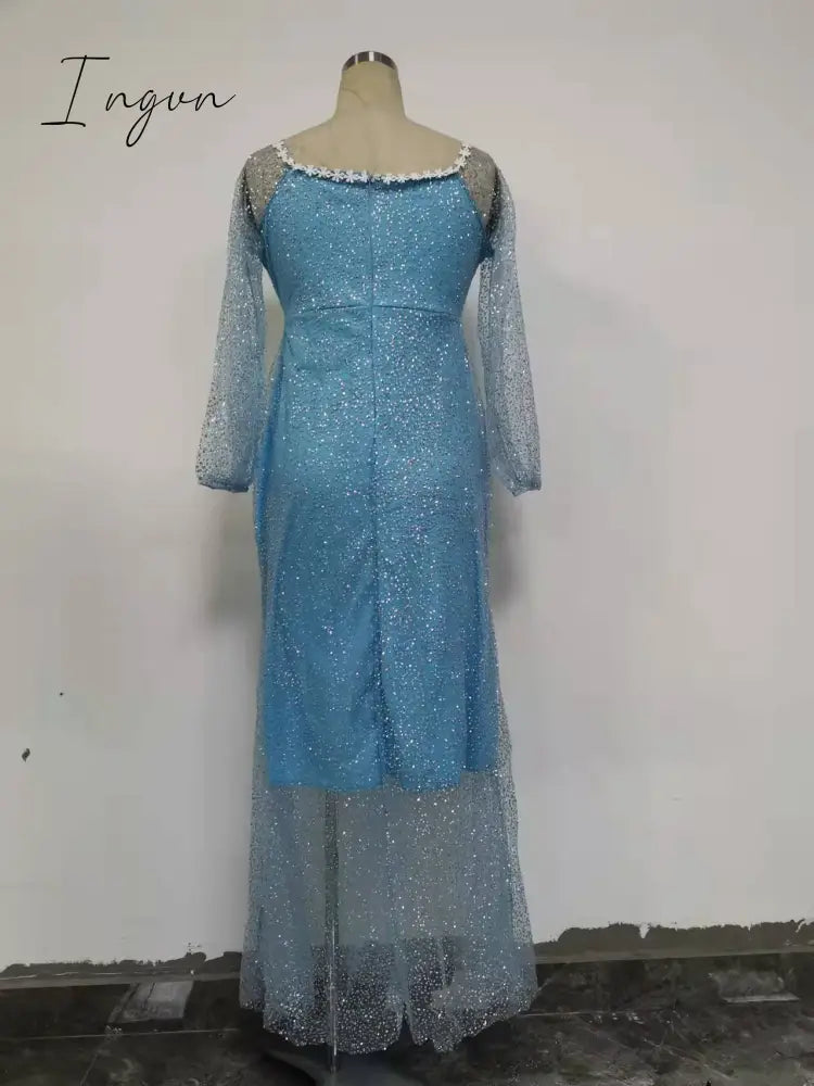 Ingvn - Women Long Dresses Summer Luxury Sexy Bodycon Party Classy Elegant Chic Wedding Elegant Dinner Club Night Blue Sequins Lace