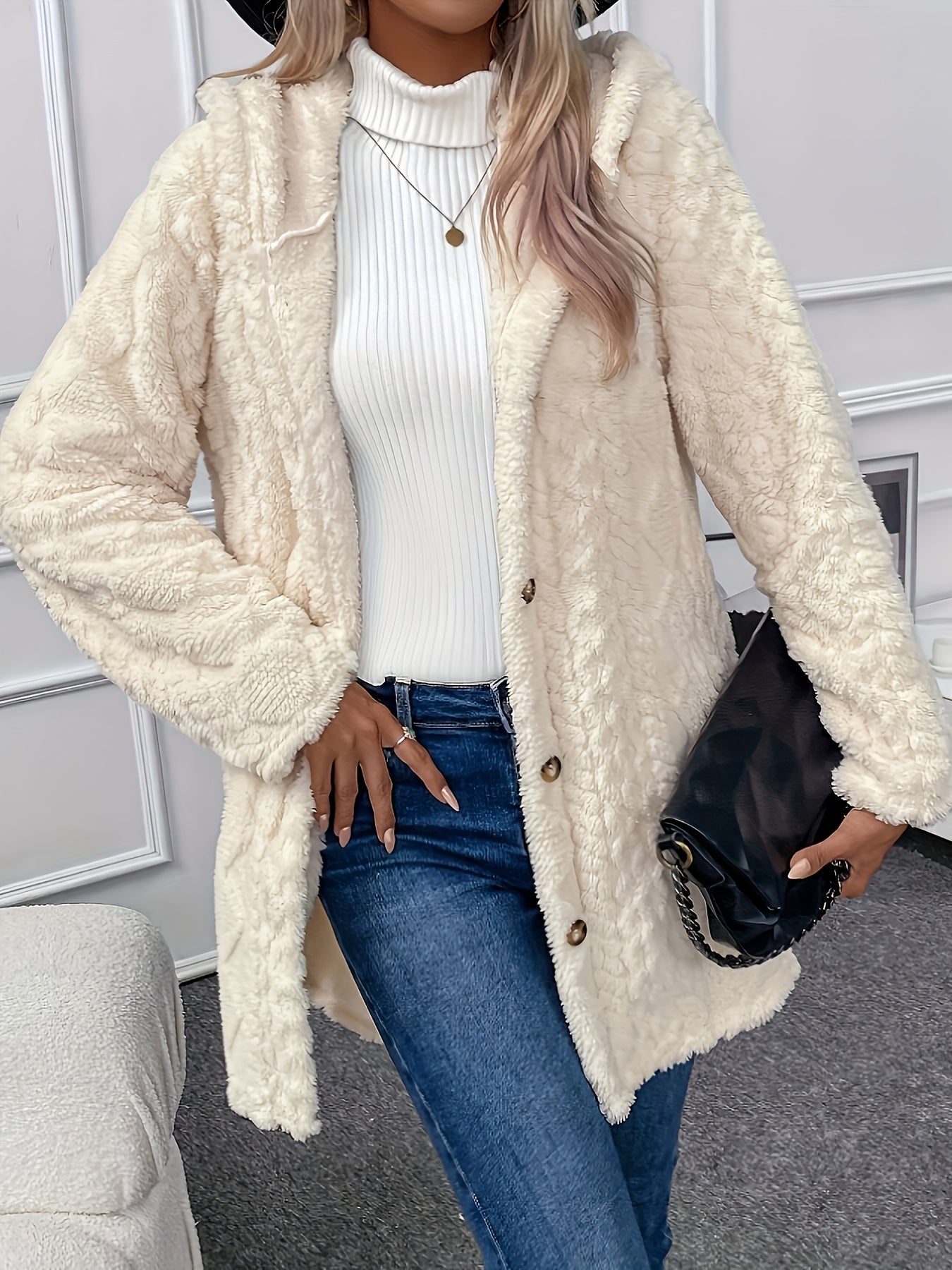 Solid Button Up Hooded Teddy Coat, Elegant Long Sleeve Split Side Faux Fur Outwear, Women's Clothing