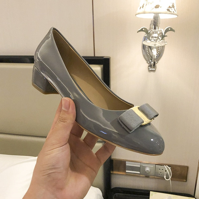 Patent Leather Bow In A Thick Single-heel Women's Shallow Flat-soled High-heeled Red Wedding Shoes Spring Shoes