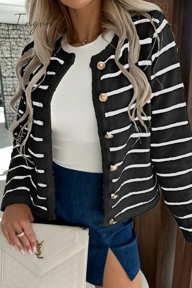 Ingvn - Elegant College Striped Buttons Contrast O Neck Outerwear