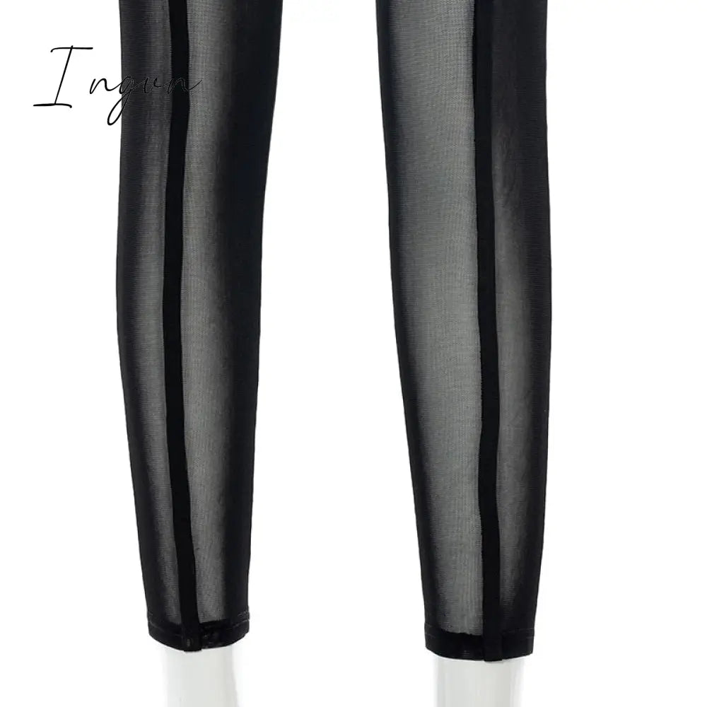 Ingvn - New Sexy See-through Black High Waist Long Trousers Casual Sweatpants Women Autumn Elastic Pencil Pants Mesh Leggings
