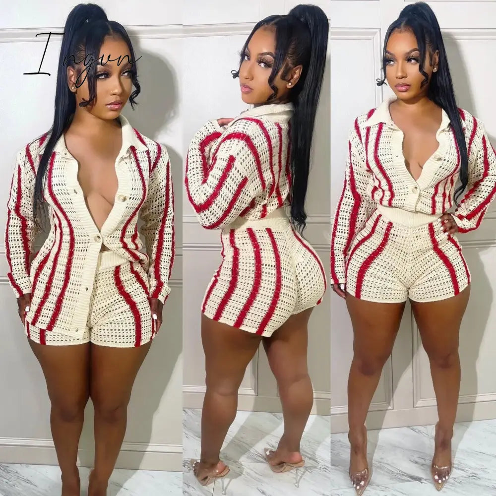 Ingvn - Striped Knitted Sweater Cardigan and Shorts Two Piece Set Women Clothing Fall 2023 Fashion Matching Sets