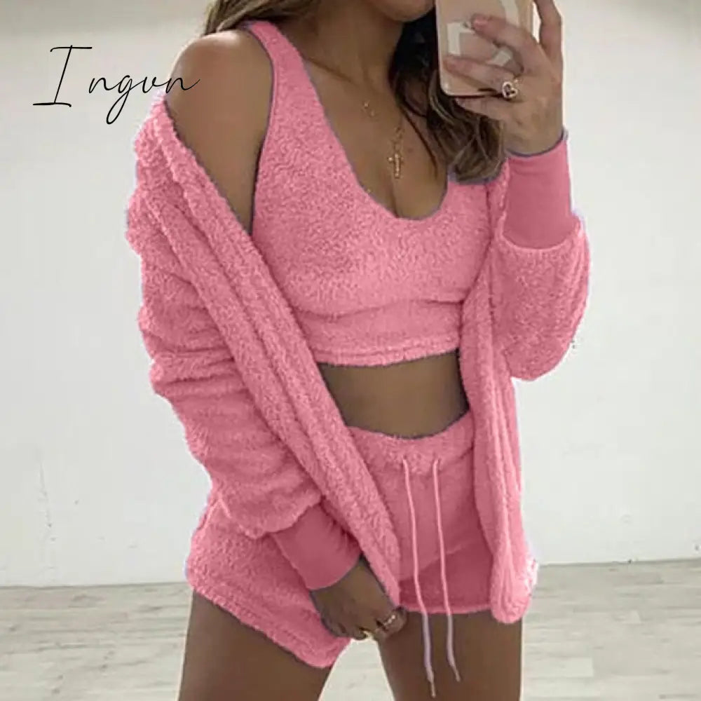 Ingvn - Three Piece Sexy Fluffy Outfits Plush Velvet Hooded Cardigan Coat+Shorts+Crop Top Women Tracksuit Sets Casual Sports Sweatshirt