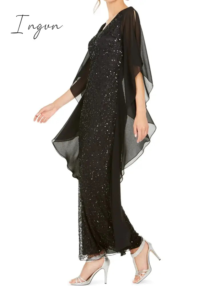 Ingvn - Sequins Mother of the Bride Dress Elegant V Neck Ankle Length Chiffon Half Sleeve with Ruching vestidos de boda invitada
