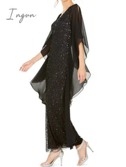 Ingvn - Sequins Mother of the Bride Dress Elegant V Neck Ankle Length Chiffon Half Sleeve with Ruching vestidos de boda invitada