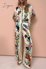 Ingvn - Casual Vintage Print Turndown Collar Short Sleeve Two Pieces