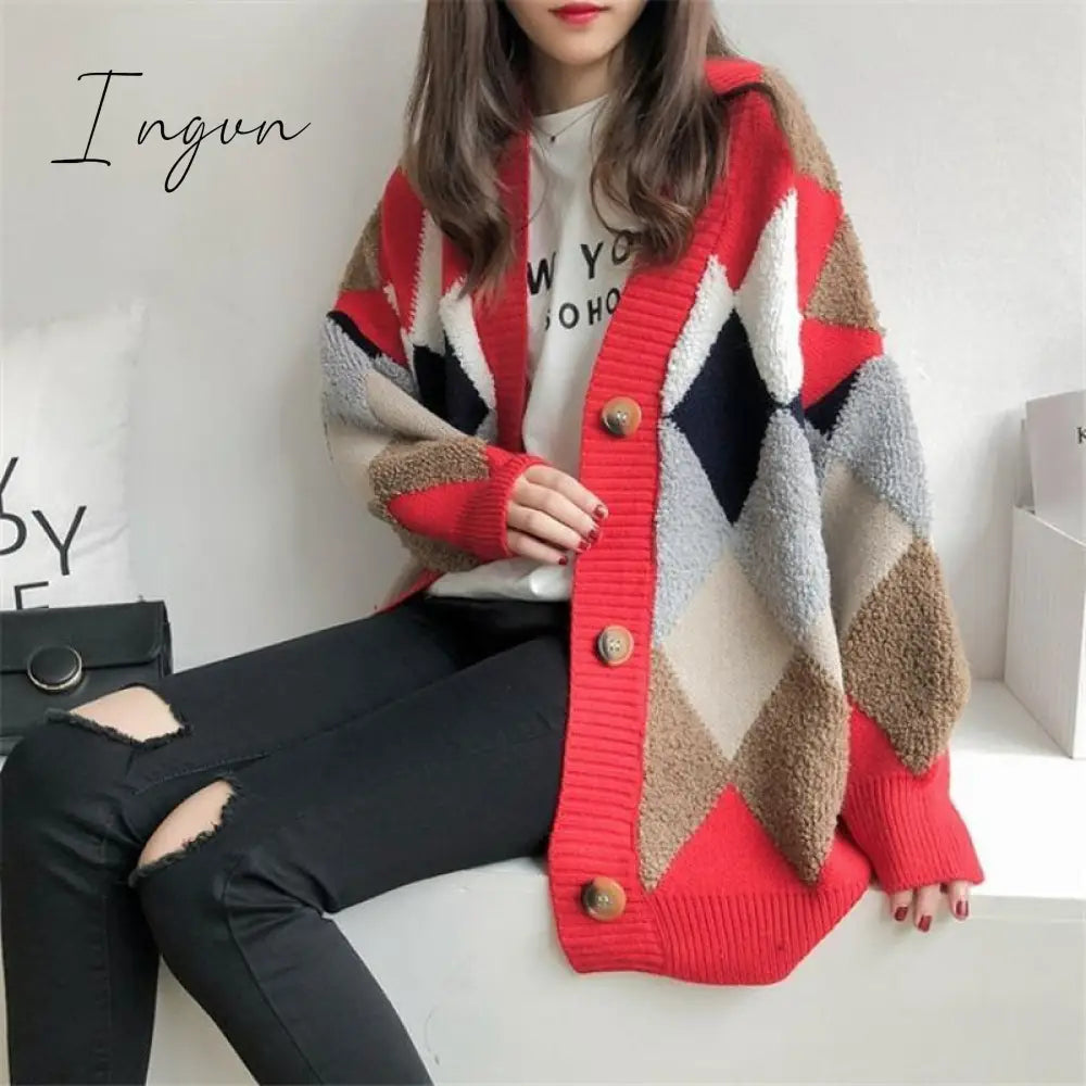 Ingvn - Womens Fashion Spring Winter Women's Plaid Plus Velvet Warm Knitted Sweaters Cardigans Long Sleeve Checkered Coat Oversize Sweater Jackets