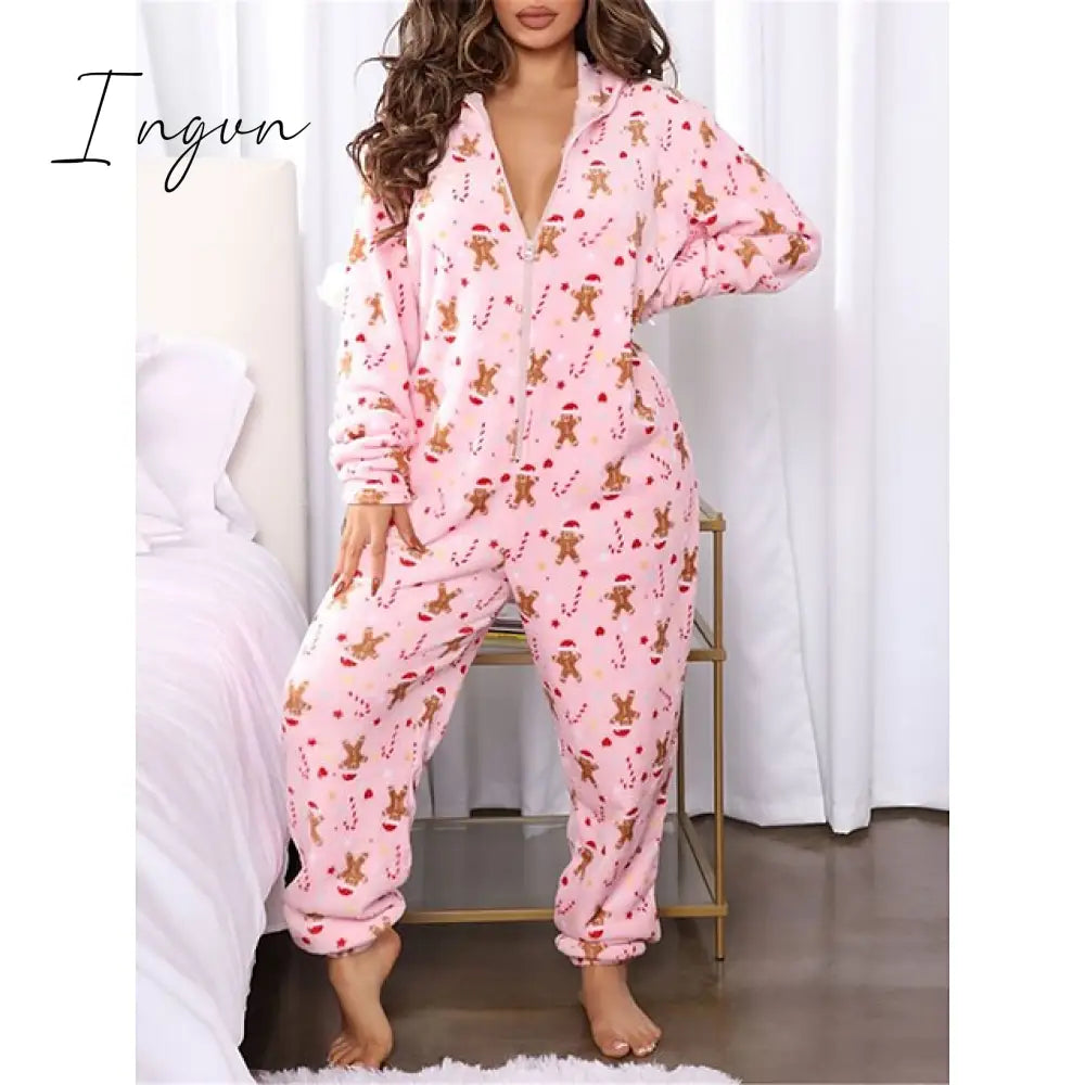 Ingvn - Women's Pajamas Jumpsuit Leopard Star Warm Comfort Plush Home Christmas Flannel Warm Breathable Hoodie Long Sleeve Pocket Fall Winter Leopard Print Moon blue