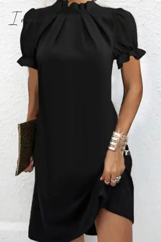 Ingvn - Casual Simplicity Solid Fold Lotus Leaf Collar A Line Dresses