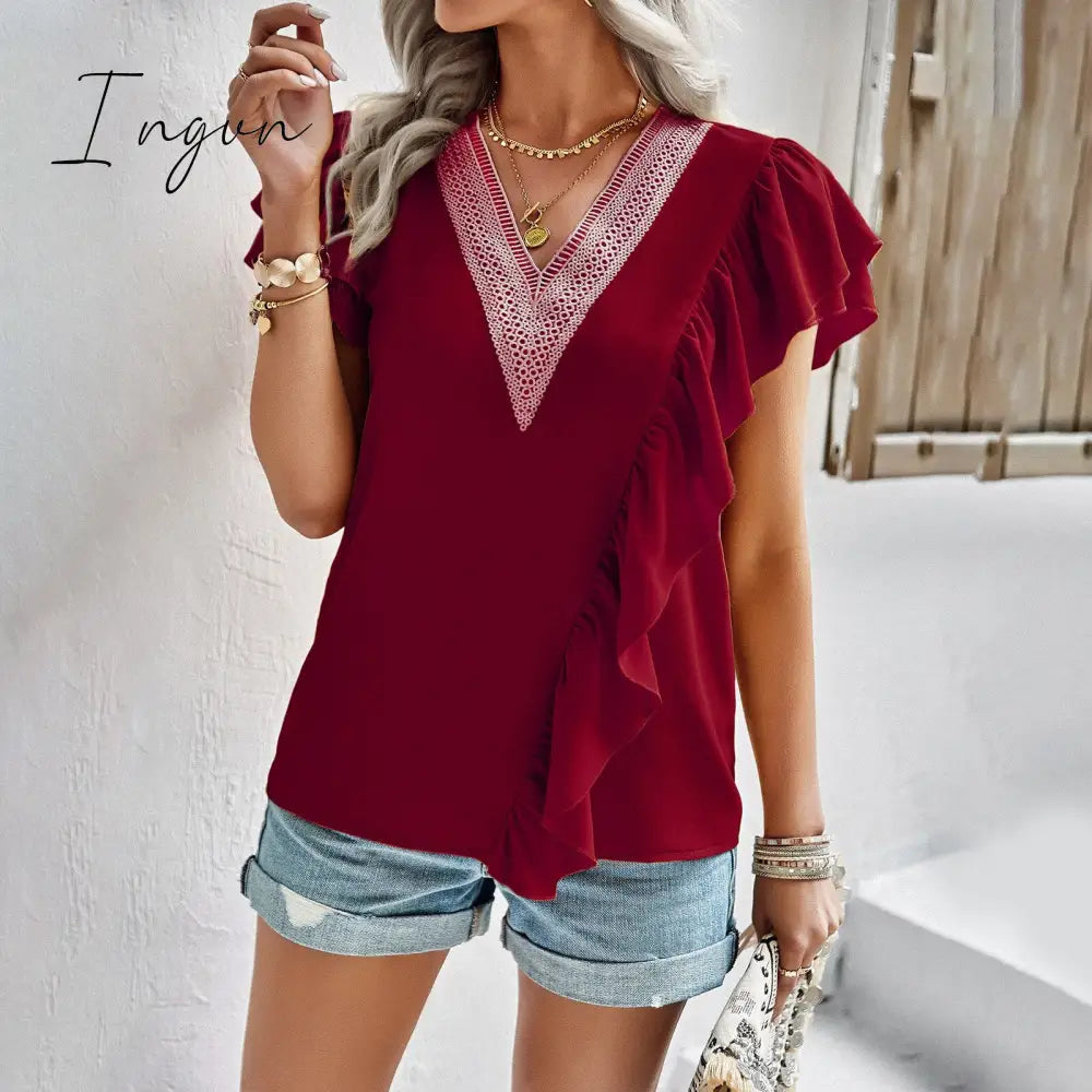 Ingvn - Short sleeved shirt for women's summer 2023 temperament commuting V-neck ruffle top