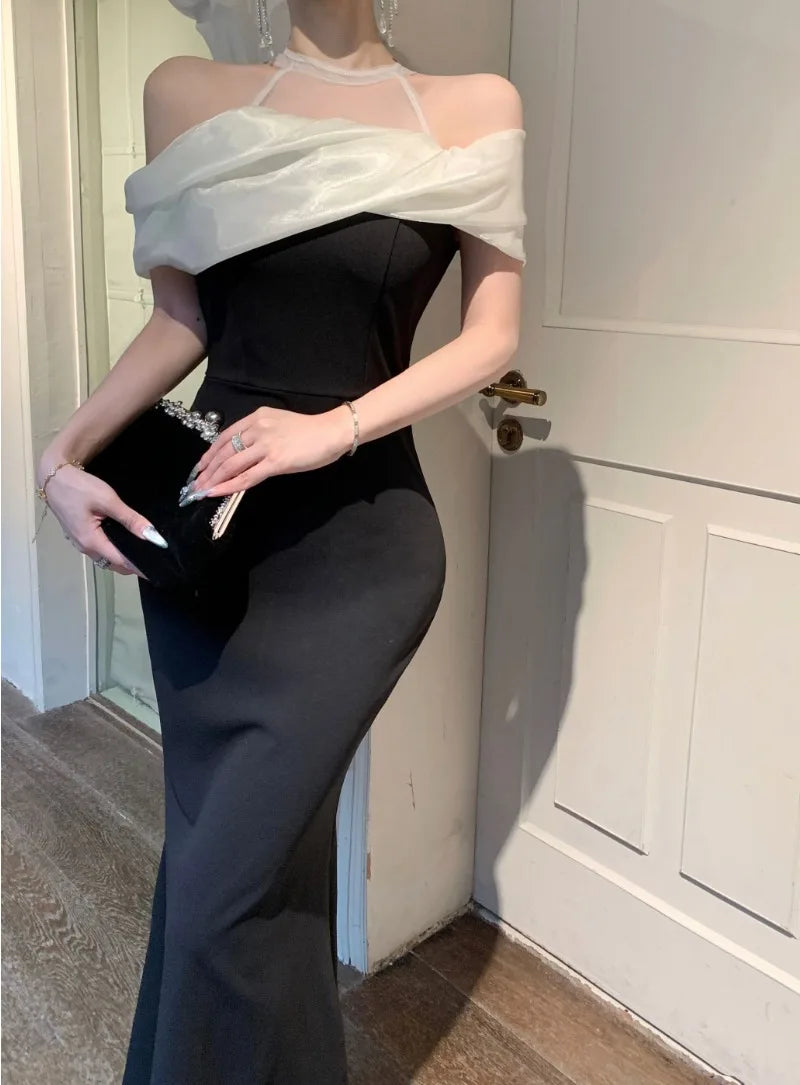 Elegant Fashion Wedding Evening Party Black Midi Dresses Women Summer Vintage Sleeveless Mesh Patchwork Bodycon Female Clothing