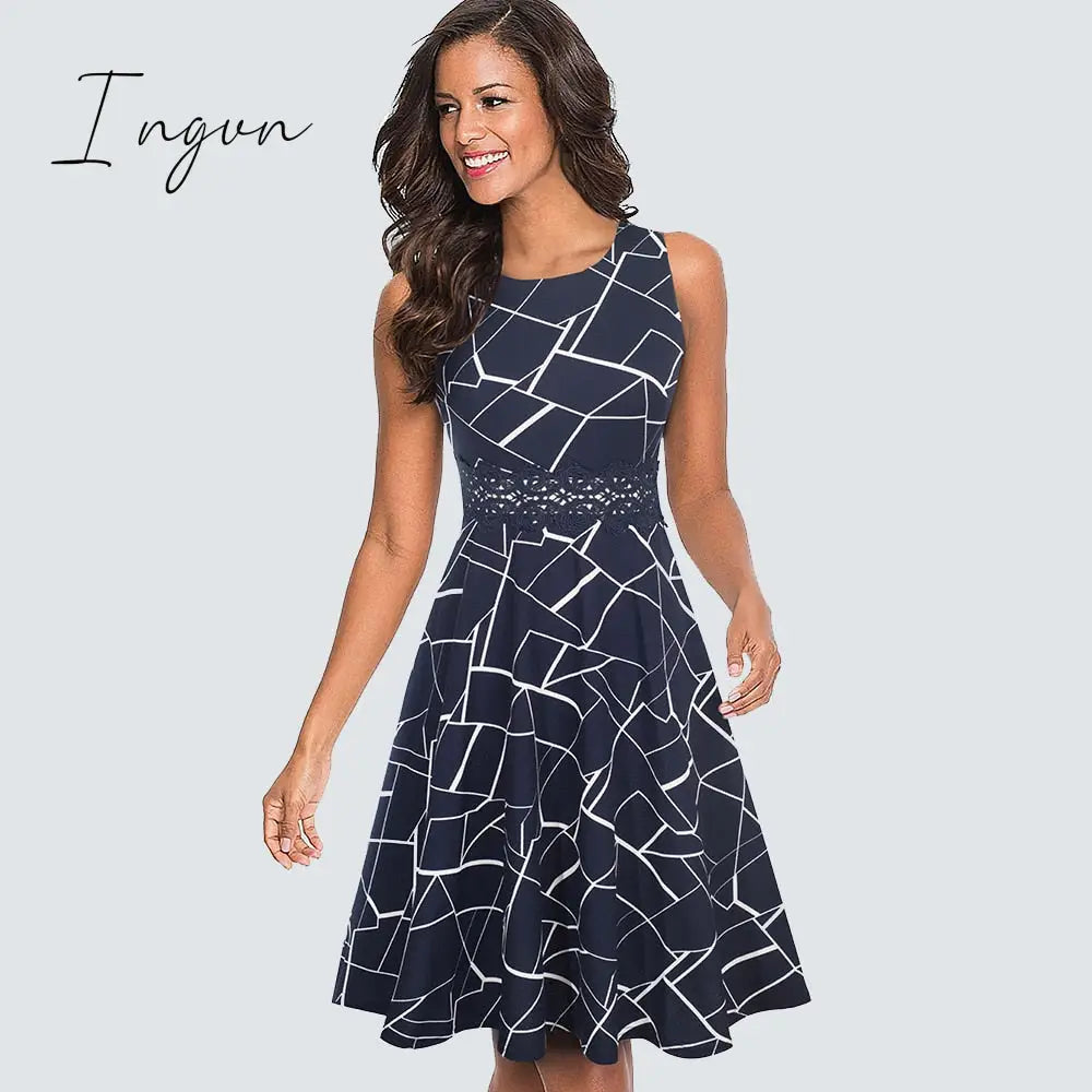 Ingvn - Women Vintage Casual Round Neck A line Summer Elegant Floral Lace Patchwork Sleeveless Tunic Party Swing Dress HA079