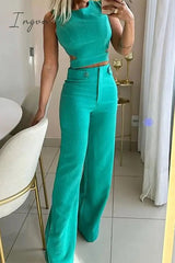 Ingvn - Casual Simplicity Solid Buttons O Neck Sleeveless Two Pieces