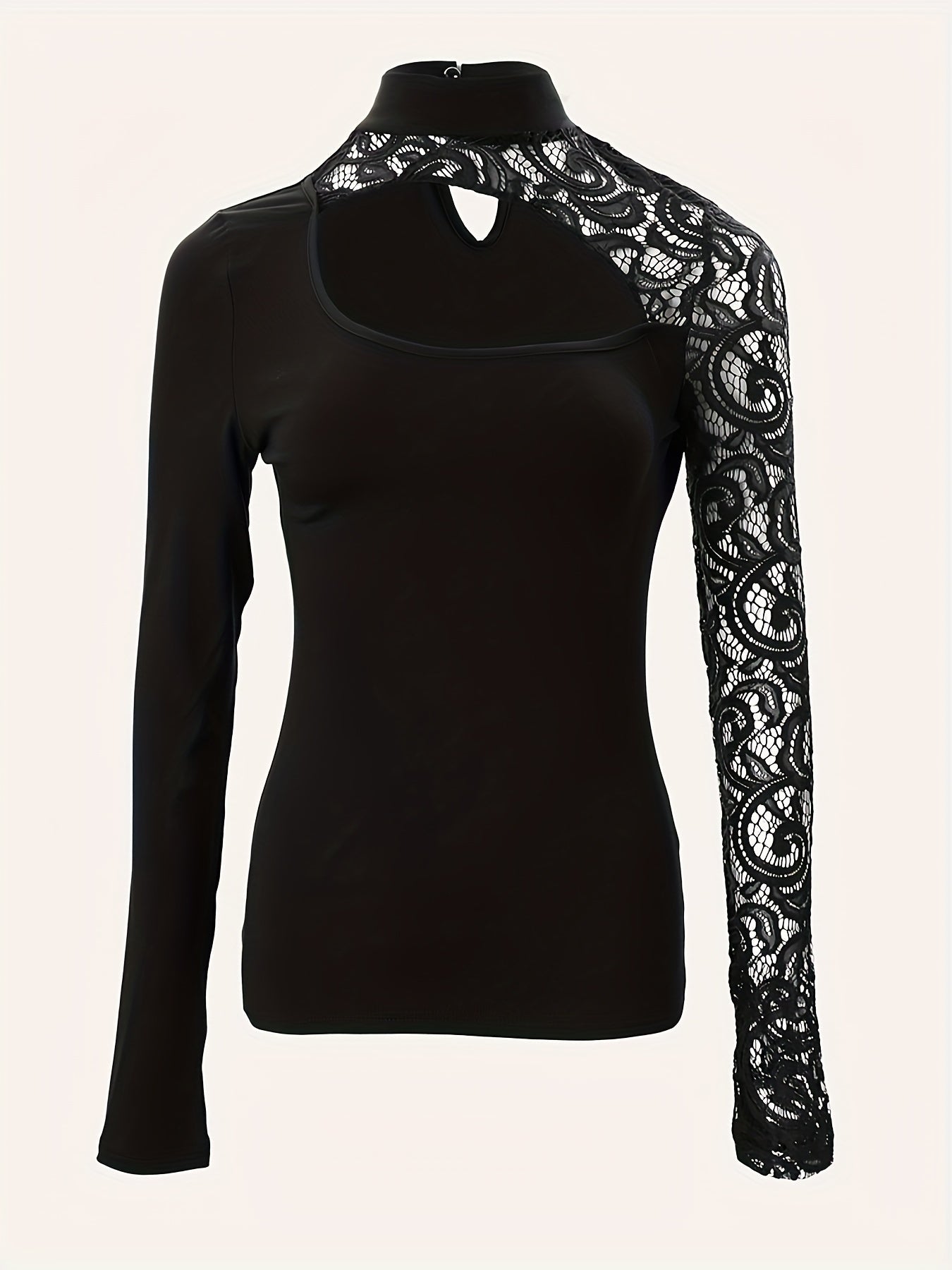 Cutout Lace Stitching T-Shirt, Casual Mock Neck Long Sleeve Top For Spring & Summer, Women's Clothing