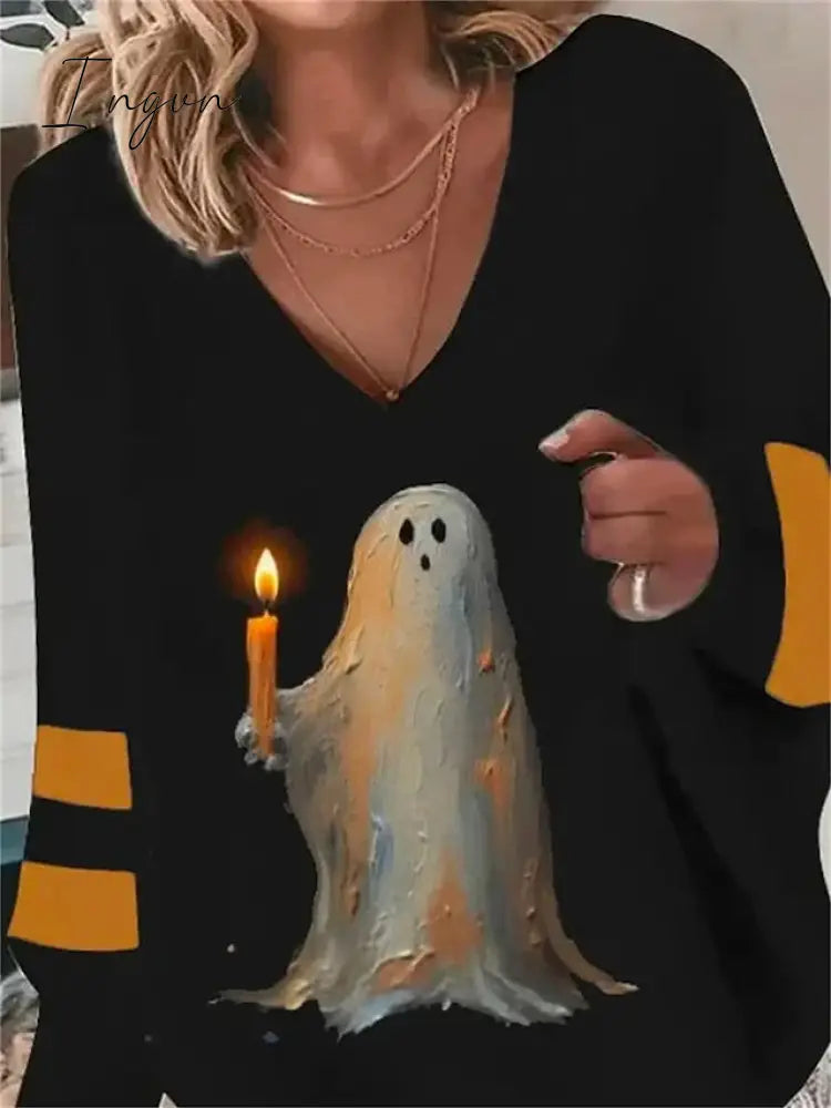 Ingvn - Women's Pullover Halloween Sweatshirt Basic Black Graphic Casual V Neck Long Sleeve Top Micro-elastic Spring &  Fall