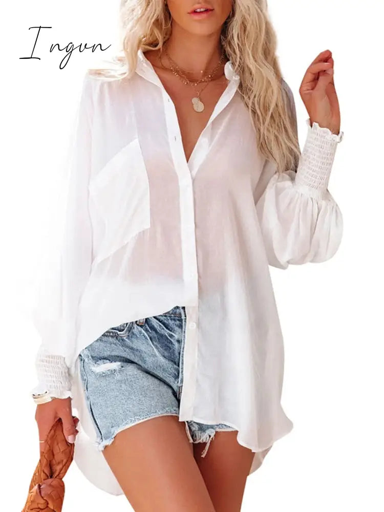Ingvn - 2023 Spring Fall Lantern Sleeve Striped Shirt Blouse Women Lapel Buttons Loose Shawl Cover-Ups Elegant Beach Bikini Cover Up