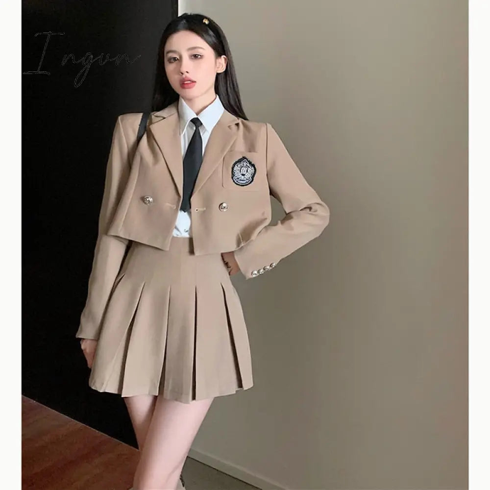 Ingvn - JK Blazer Skirt Set Female Short Suit Jacket + Pleated Skirt Spring Autumn Professional Wear Elegant Goddess Two-piece Set