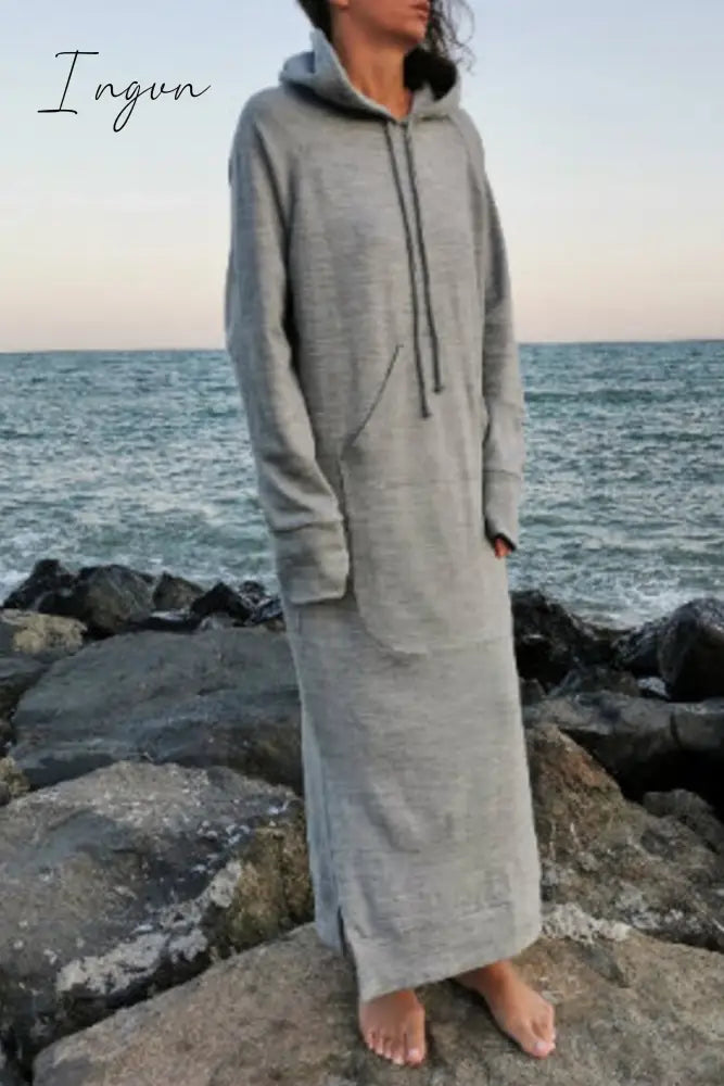 Ingvn - Casual Solid Draw String Pocket Hooded Collar Long Sleeve Dresses