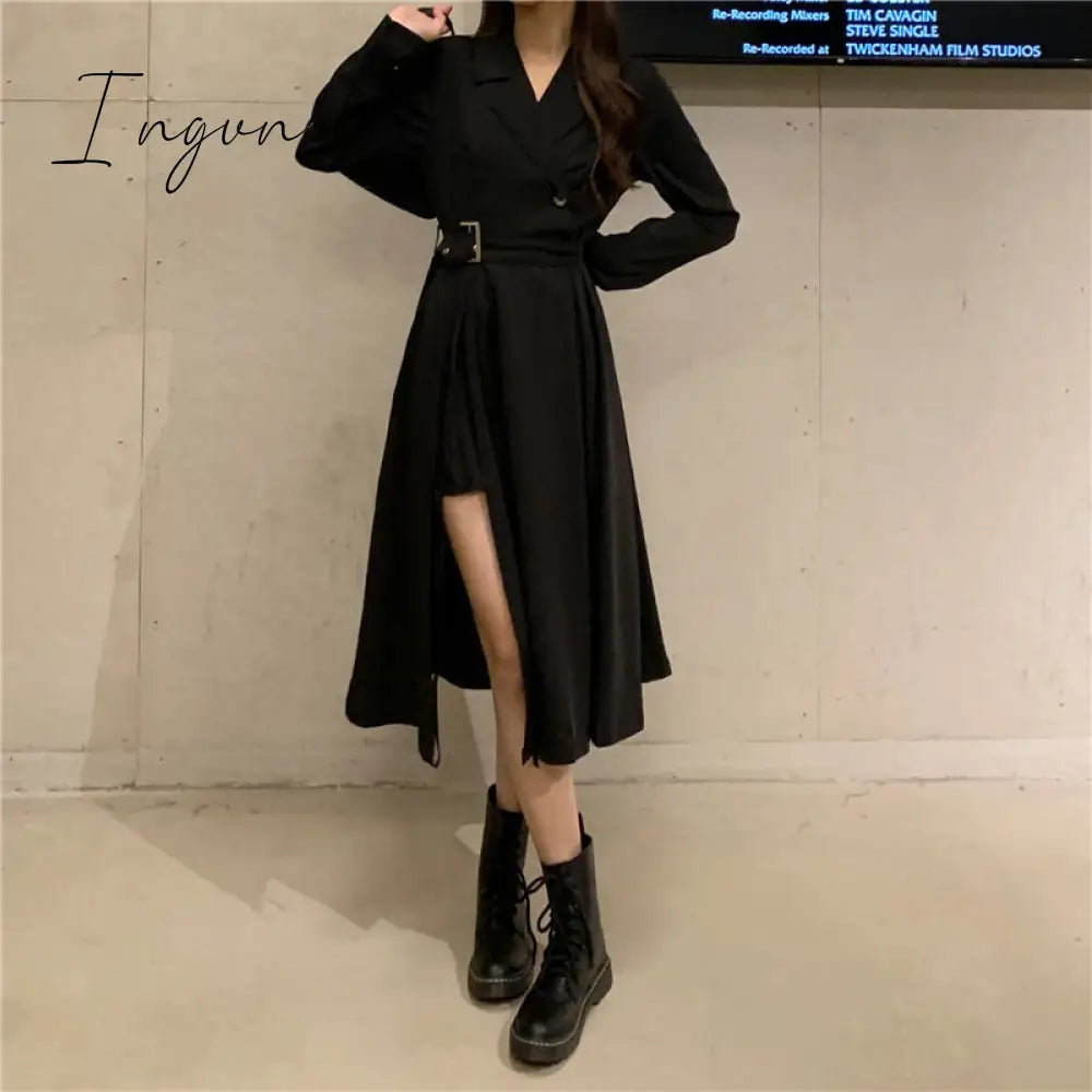 Ingvn - Long Sleeve Dresses Women Bandage Punk Streetwear Hipster Vestidos Mujer Elegant Popular Side Slit A-Line Charm Vintage Ulzzang