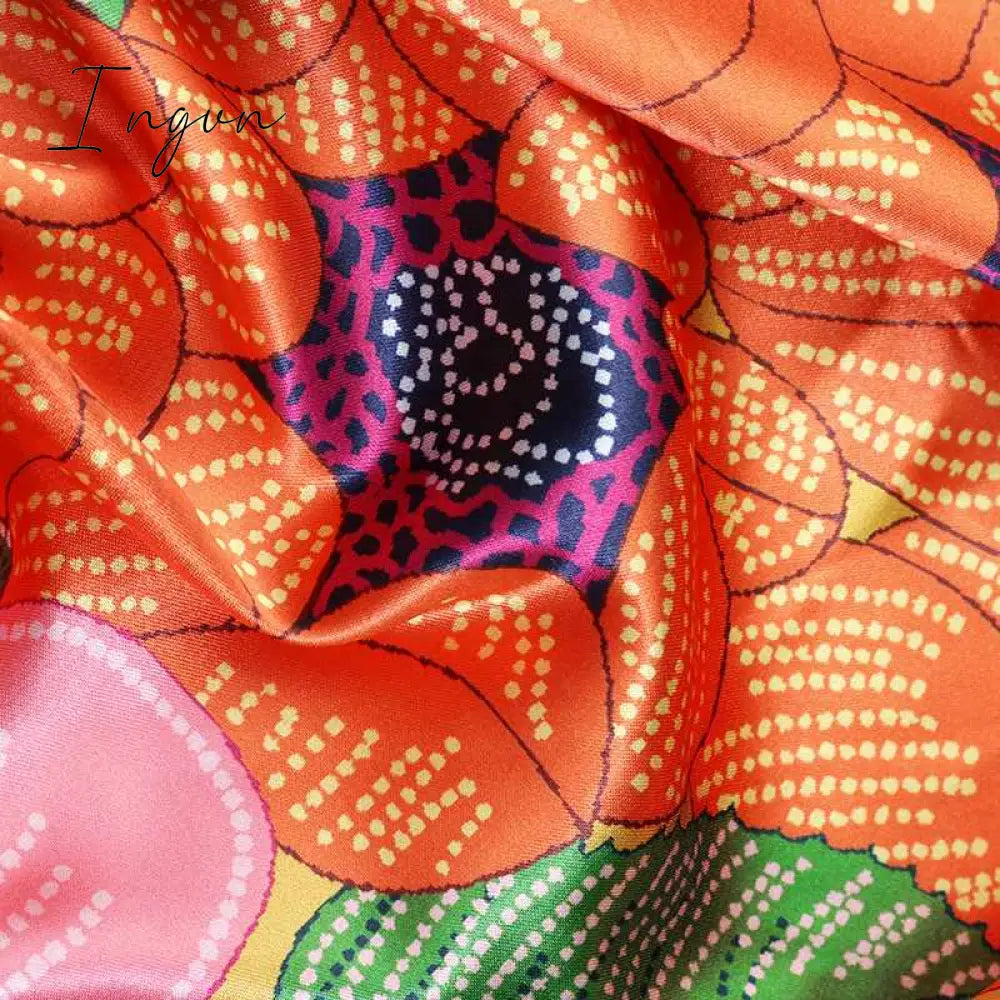 Ingvn - Women Ingvn Summer Party Dress Vintage Floral Printed Casual Loose Bohemian Beach Sundress Long Sleeve Satin Maxi Vestidos