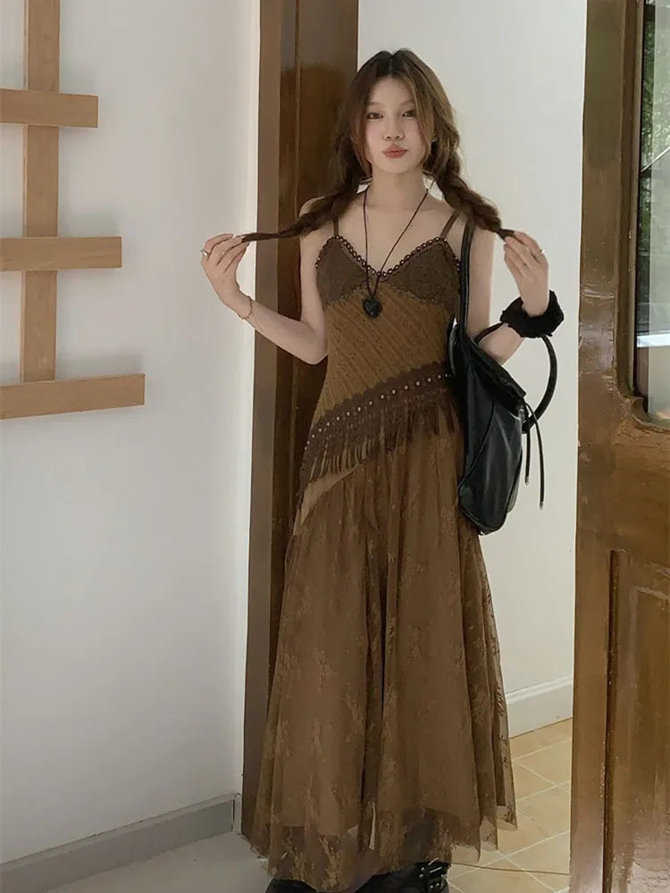 Korean style Ethnic Irgular Spaghettic Strap Fairy Boho Hippie Dress Women Tassel Mesh Stitching Spice Summer Beach Slim Dress
